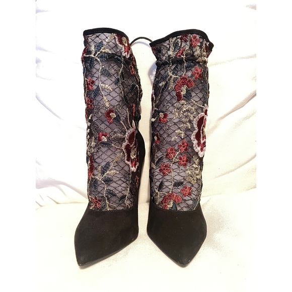 ZARA Black Floral Embroidery Sock Heels - Picture 3 of 14